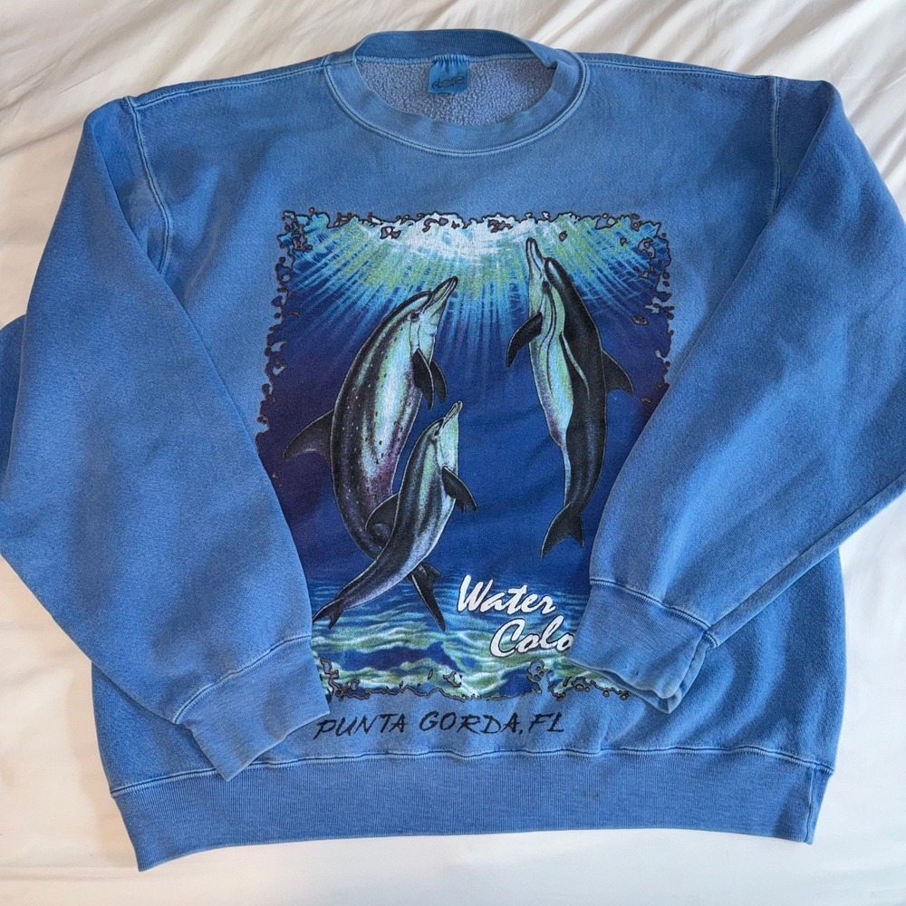 Vintage Alore Dolphin Sweatshirt Blue Punta Gorda Florida Water Colors Large